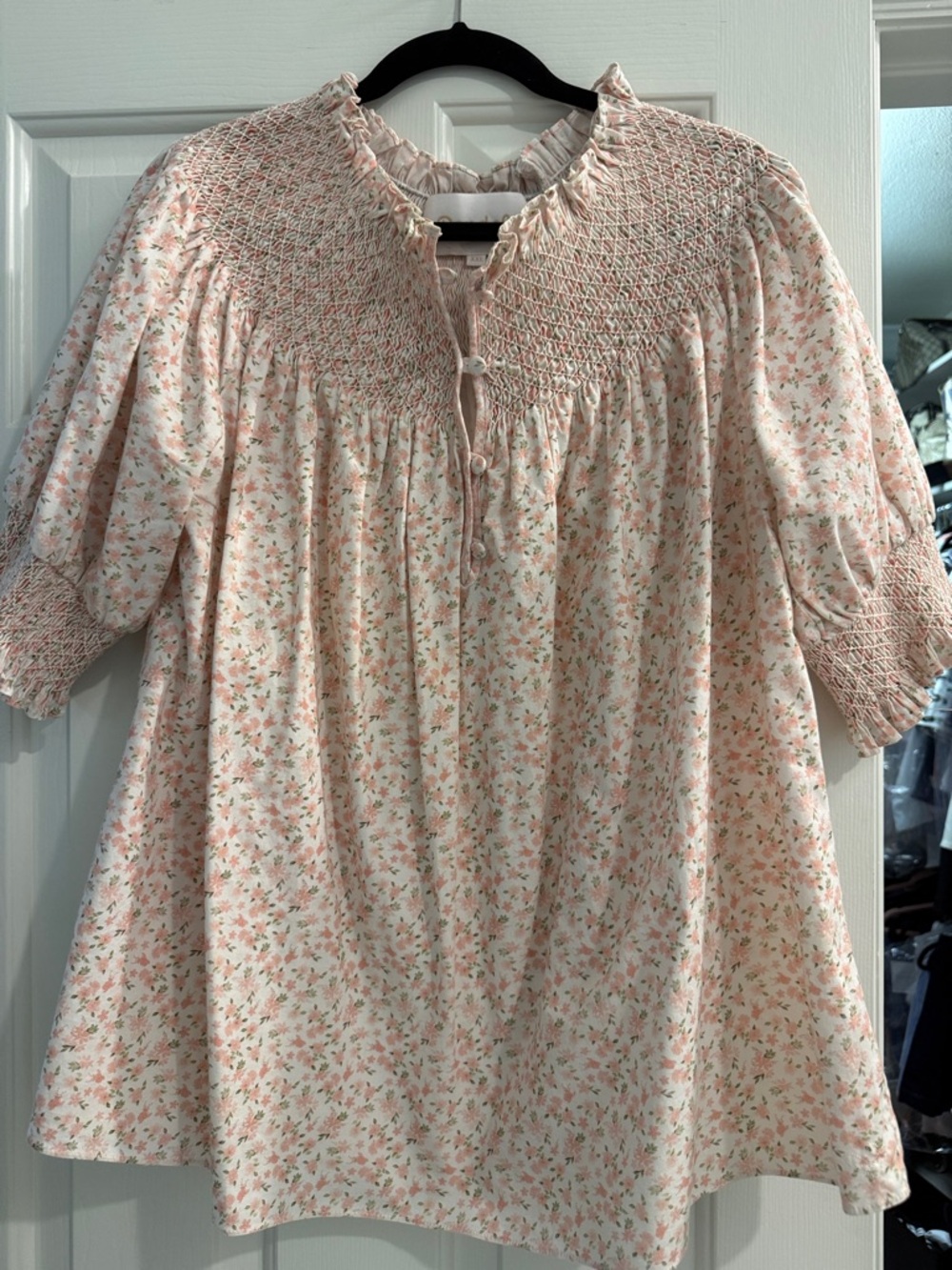 Smocked Yoke Floral Peasant Blouse - Pink/Cream